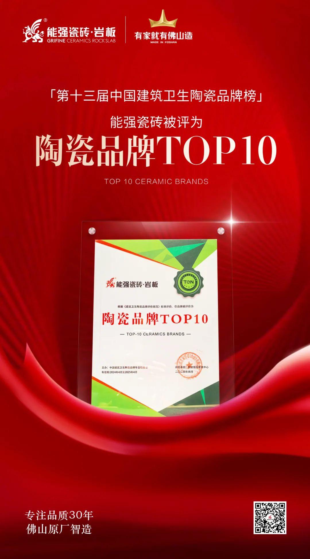 匠心榮耀丨能強(qiáng)瓷磚斬獲“陶瓷品牌TOP10”殊榮！